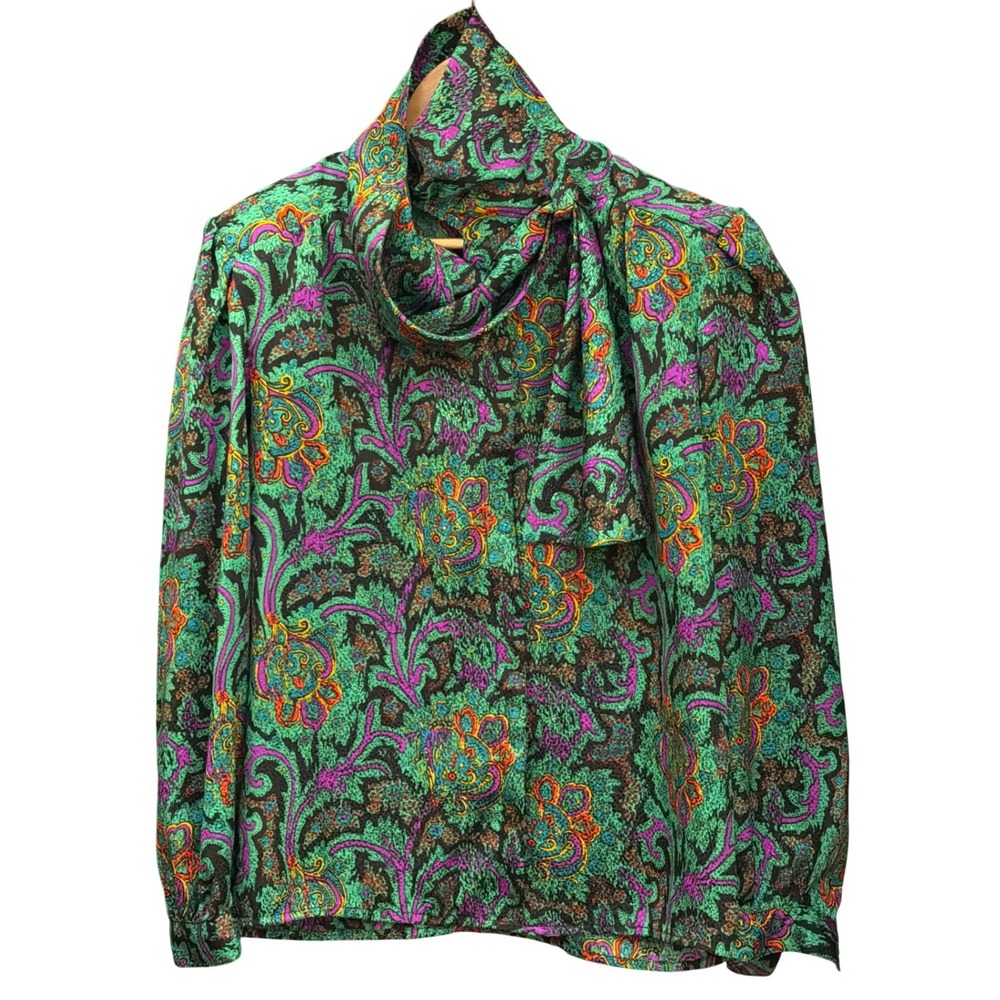 Vintage Gianna Paisley Tie Neck Blouse Green Purple Maximalist Dark Academia